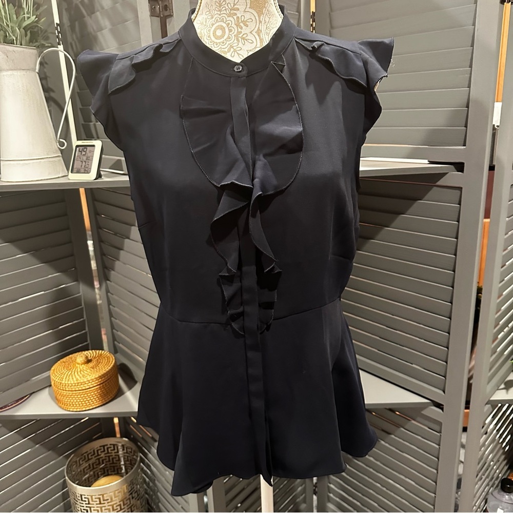 Ann Taylor Navy Ruffle Front Sleeveless Career Blouse. Medium